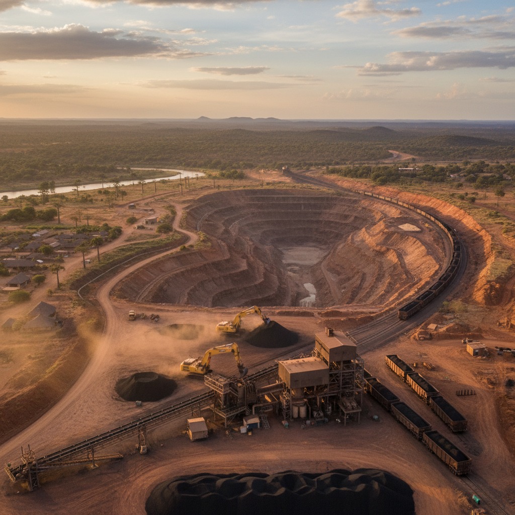 An aerial view shows a large open-pit mine with excavators loading coal onto trains at sunset.