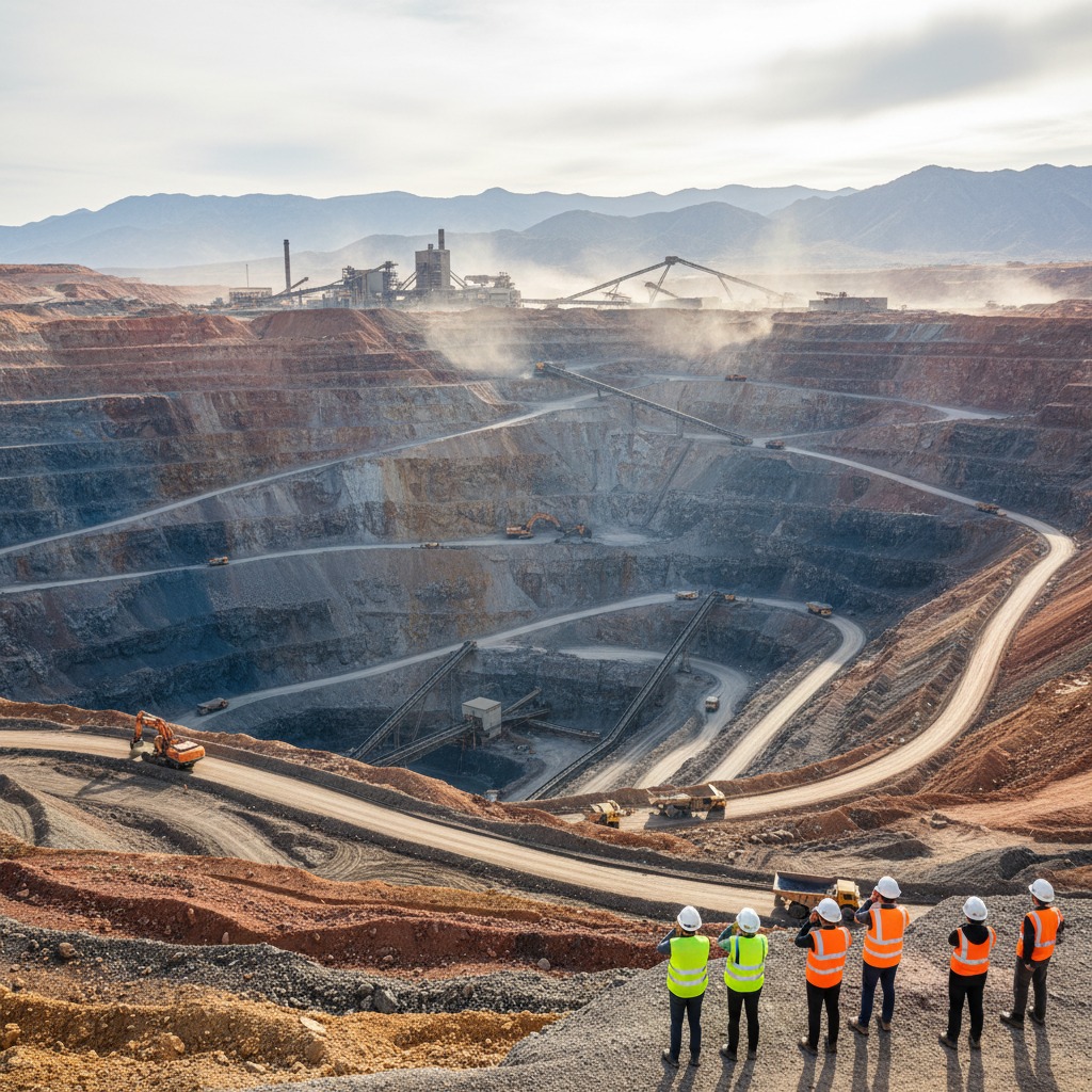 A group of workers in high-visibility vests and hard hats stands on a ridge overlooking a large open-pit mine with heavy machinery and processing facilities.