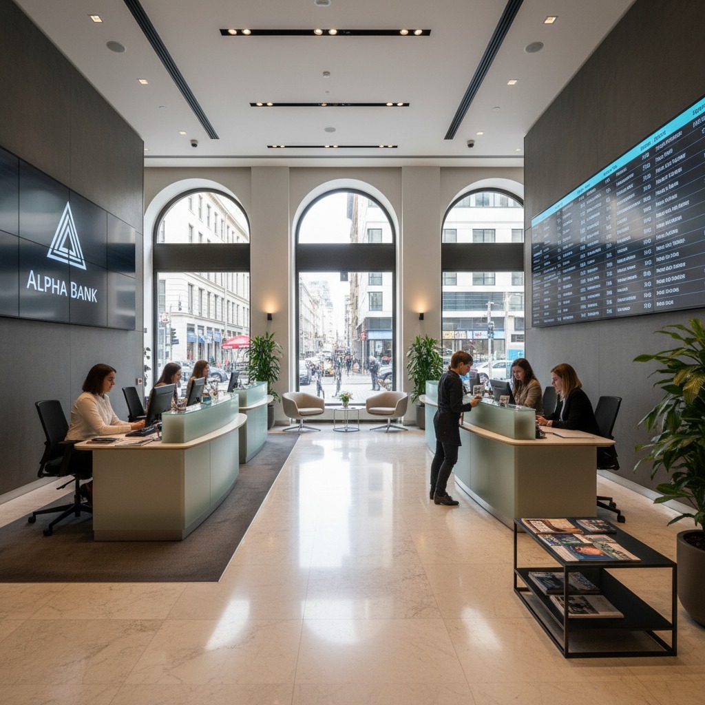 Employees assist customers at service desks inside a modern, high-ceilinged Alpha Bank branch with large arched windows overlooking a city street.