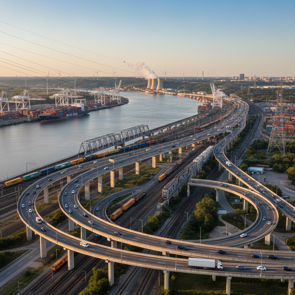 An aerial view shows a complex highway interchange with flowing traffic alongside a busy industrial shipping port and a power plant with cooling towers.